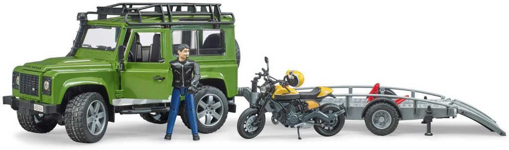 BRUDER 02589 Auto Land Rover set s přívěsem a motoycklem Ducati s figurkou jezdce