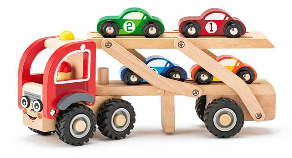 WOODY DŘEVO Set tahač veselý + 4 závodní auta *DŘEVĚNÉ HRAČKY*