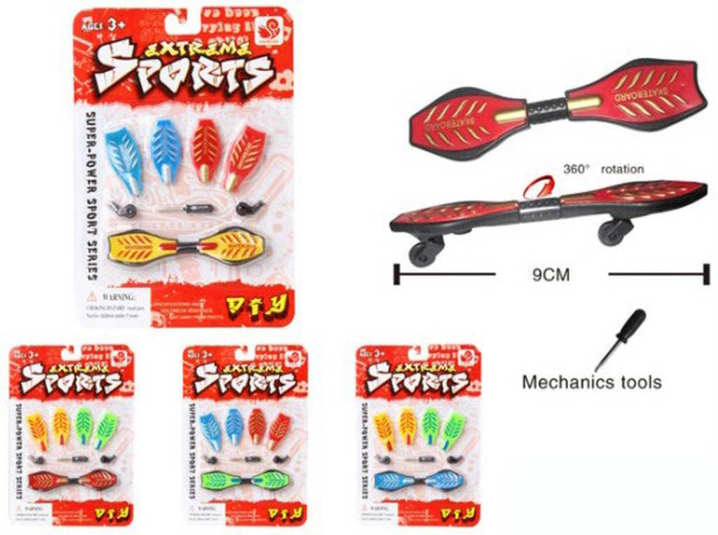 Skateboard prstový 9cm šroubovací set s nástrojem na kartě různé barvy plast