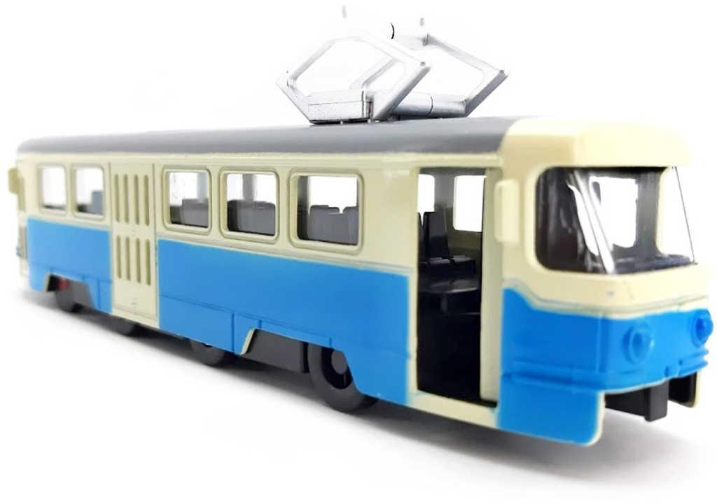 Tramvaj kovová s efekty 16cm na baterie zpětný chod Světlo Zvuk