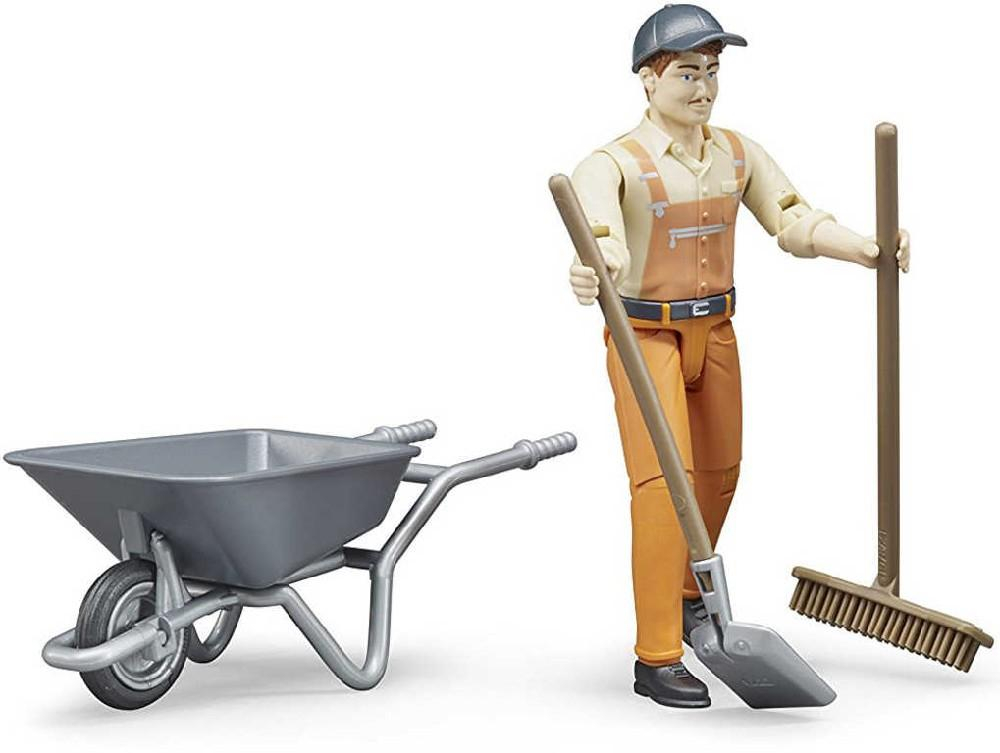 BRUDER 62130 Figurka komunální pracovník 11cm set s kolečky a nářadím plast