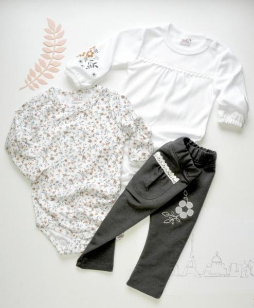 K-Baby Sada 2 x body dl. rukáv + 1 x tepláčky, Louka, bílá/květinky/šedá, vel. 80 - 80 (9-12m) - bílá/květinky/šedá, vel. 74 - 74 (6-9m)