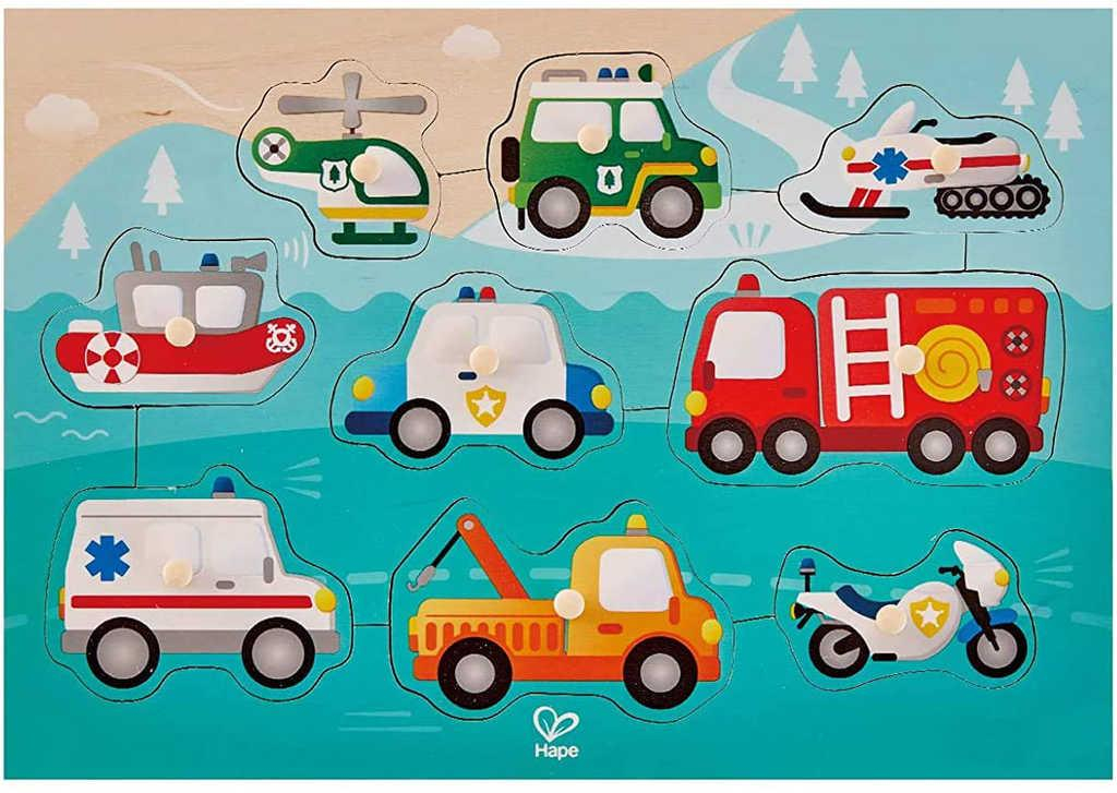 HAPE DŘEVO Puzzle na desce První pomoc auta 9 dílků s úchyty skládačka